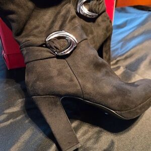 Impo Black Suede Heeled Boots with Silver Buckles